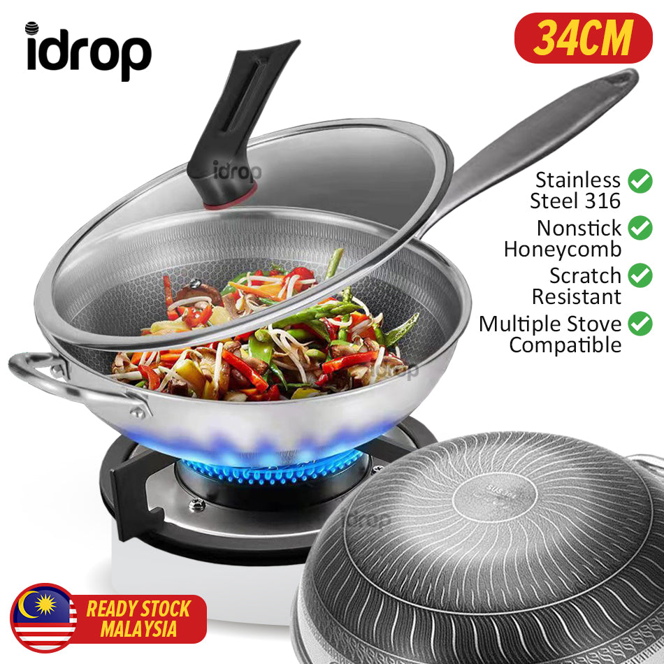 Non-Stick Double Sided Honeycomb Cooking Frying Pan Wok Stainless Steel  with Lid