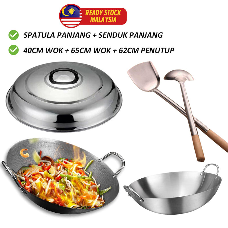 idrop 5pcs Combo Set 65cm kuali kawah rendang Honeycomb Kuali Besar Berpenutup 62CM & Senduk dan Spatula & 40CM Periuk 304