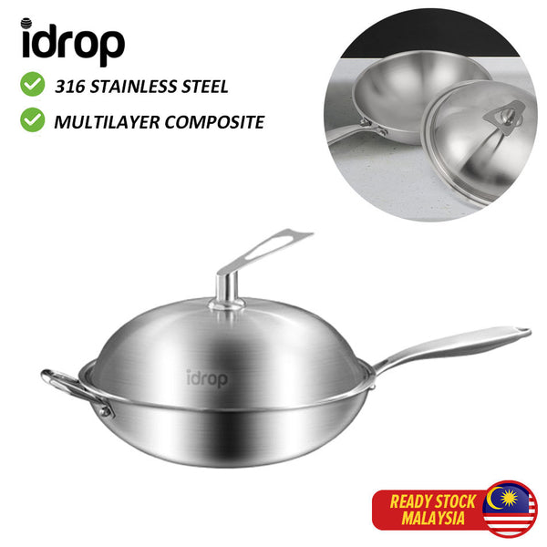 idrop 34CM 316 Stainless steel Non stick Wok Thickened Household Uncoated Induction Cooker / 34CM 316 Keluli tahan karat Non stick Wok Periuk Aruhan Isi Rumah Tebal Tidak Bersalut / 34CM 316不锈钢不粘锅加厚家用无涂层电磁炉