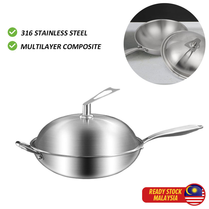 idrop 34CM 316 Stainless steel Non stick Wok Thickened Household Uncoated Induction Cooker / 34CM 316 Keluli tahan karat Non stick Wok Periuk Aruhan Isi Rumah Tebal Tidak Bersalut / 34CM 316不锈钢不粘锅加厚家用无涂层电磁炉