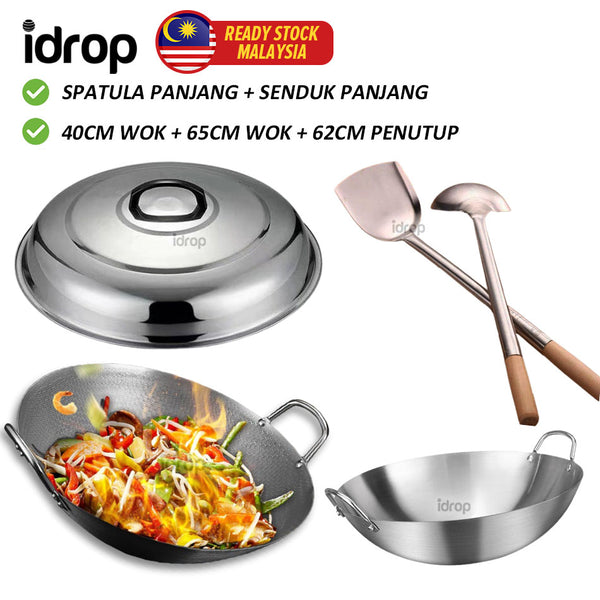 idrop 5pcs Combo Set 65cm kuali kawah rendang Honeycomb Kuali Besar Berpenutup 62CM & Senduk dan Spatula & 40CM Periuk 304