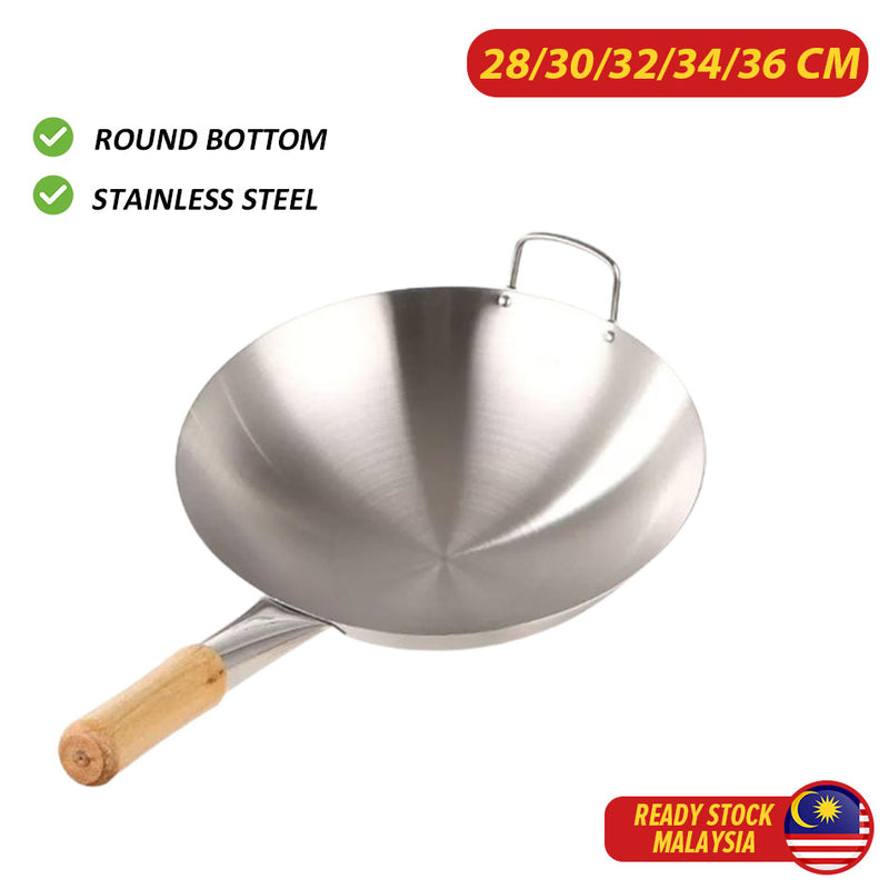 idrop [ 28-36CM ] Round Bottom Uncoated Stainless Steel Cooking Frying Pan / Periuk Memasak Bentuk Kawah Bulat 30CM 32CM 34CM / 30CM 32CM 34CM圆底无涂层不锈钢烹饪煎锅