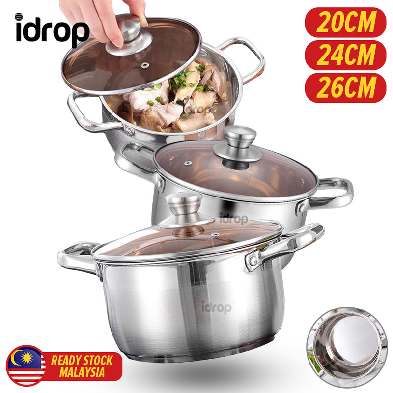 idrop [ 20 / 24 / 26CM ] Stainless Steel Soup Pot With Lid Cover / Periuk Masak Sup Keluli tahan Karat Bersama Penutup Periuk / 带盖不锈钢汤锅