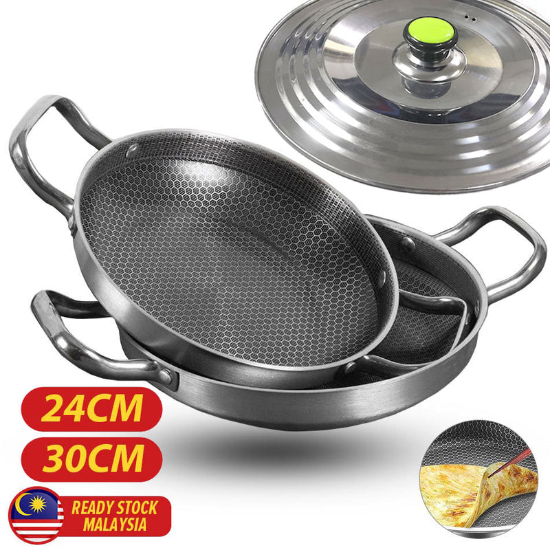 idrop [ 24CM / 30CM ] Stainless Steel Inner Full Honeycomb Nonstick Double Ear Frying Pan / Periuk Kuali Keluli Tahan Karat Tidak Lekat / 24CM 30CM不锈钢内全满蜂窝双耳煎锅