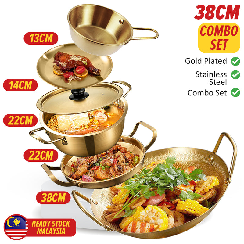 idrop GOLD COMBO SET 38CM Wok Frying Pan Pot Plate Bowl / SET KOMBO EMAS Kuali Periuk Piring dan Mangkuk / 金色组合套装炒锅煎锅锅盘碗