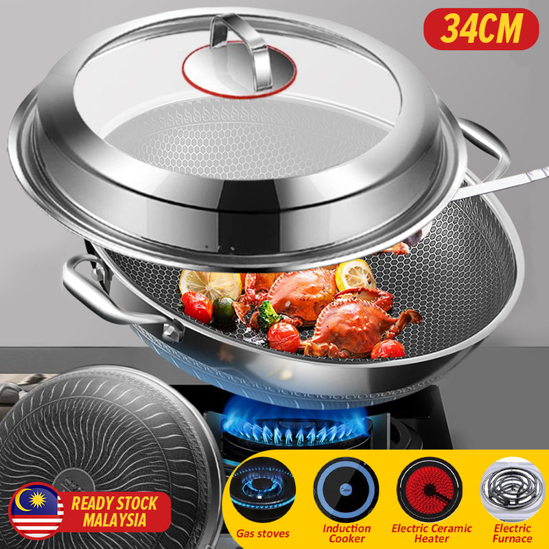 idrop [ 34CM ] Nonstick Honeycomb SUS316 Cooking Frying Wok with  Lid Cover / Periuk Kuali Memasak keluli tahan Karat 316 Bersama Penutup / 34CM玻璃组合盖316炒锅