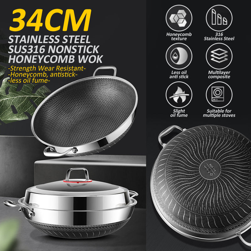 idrop [ 34CM ] Nonstick Honeycomb SUS316 Cooking Frying Wok with  Lid Cover / Periuk Kuali Memasak keluli tahan Karat 316 Bersama Penutup / 34CM玻璃组合盖316炒锅