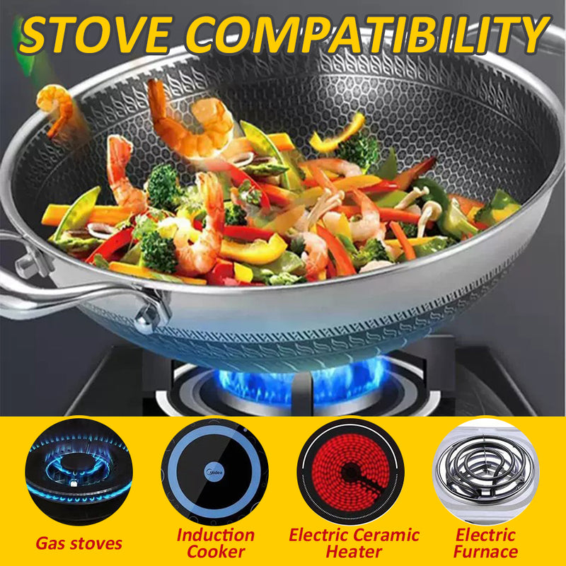 idrop [ 34CM ] Nonstick Honeycomb SUS316 Cooking Frying Wok with  Lid Cover / Periuk Kuali Memasak keluli tahan Karat 316 Bersama Penutup / 34CM玻璃组合盖316炒锅