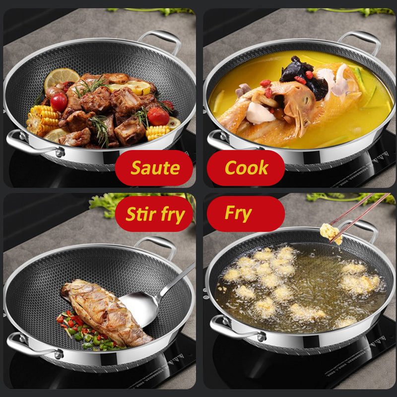 idrop [ 34CM ] Nonstick Honeycomb SUS316 Cooking Frying Wok with  Lid Cover / Periuk Kuali Memasak keluli tahan Karat 316 Bersama Penutup / 34CM玻璃组合盖316炒锅