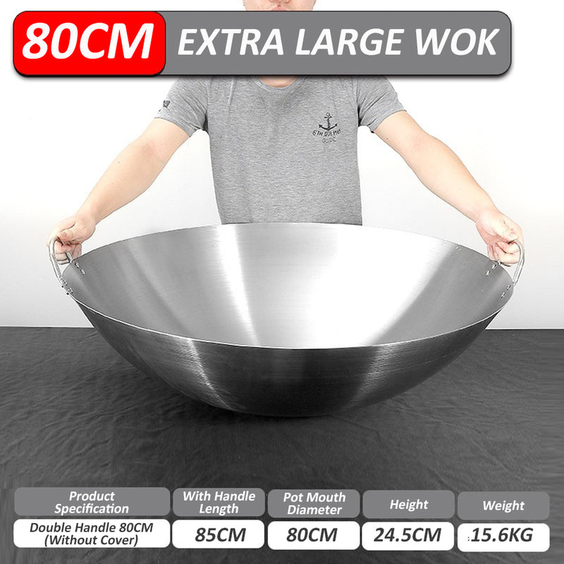 idrop PRE ORDER [ 50 / 60 / 70 / 80CM ] EXTRA LARGE Cooking Wok Thick Double Ear Round Bottom Stainless Steel Pan / SAIZ BESAR Periuk Kuali Masak Besar Keluli Tahan Karat / 不锈钢炒锅双耳特厚饭店厨师圆底锅-特大号商用农村炒菜锅批发