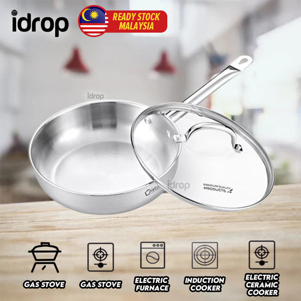 idrop 25CM Premium 304 Stainless Steel Frying Pan uncoated for Healthy Cooking / Kuali Menggoreng Keluli Tahan Karat Premium 25CM 304 Tidak Bersalut Untuk Masakan Yang Sihat / 25CM 304 不锈钢煎锅无涂层健康烹饪