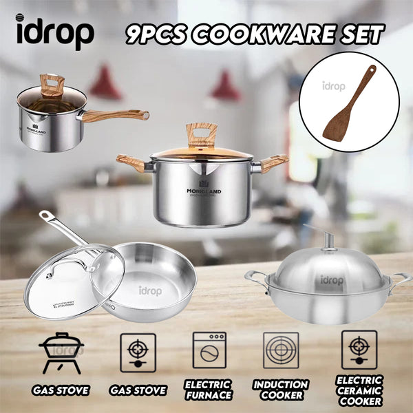 idrop 9PCS Premium Stainless Steel Cookware Set / Set Alat Memasak Keluli Tahan Karat Premium 9PCS