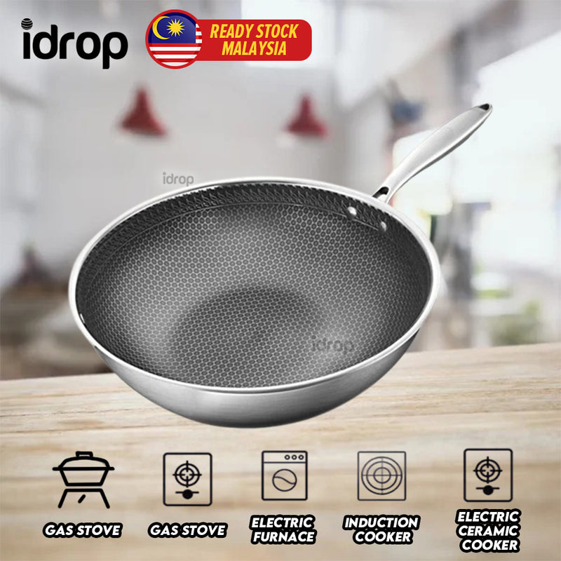 idrop [ 34cm ] Stainless Steel Non-Stick Cooking Wok with Handle / Kuali Masak Keluli Tahan Karat Permukaan Tidak Lekat / 34cm 不锈钢不粘锅带柄