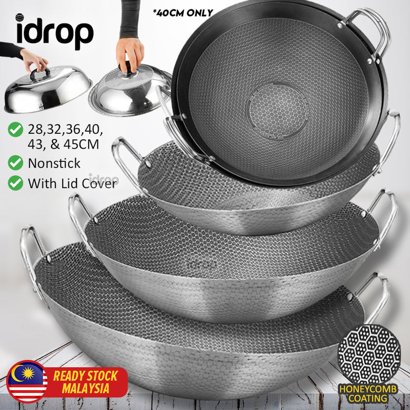 idrop MANY SIZE Nonstick Honeycomb Interior Cooking Wok Cookware [ 28/32/36/40/43/45CM ] / BANYAK SAIZ Kuali Bulat Masak Tidak Lekat Corak Lebah / 双耳不锈钢不粘锅圆底蜂窝炒菜