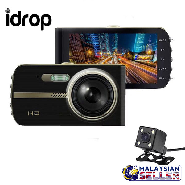 idrop 4.0" FHD 1080P Car DVR Recorder Front and Rear 170 Degree Wide Angle