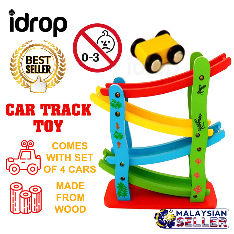 idrop 4-Level Wooden Ramp Racer Miniature Speeding Car Toy Set