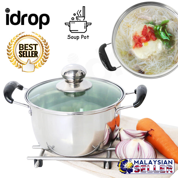 idrop 22cm Non-Stick Double Ear Soup Pot with Glass Lid for Kitchen Cookware