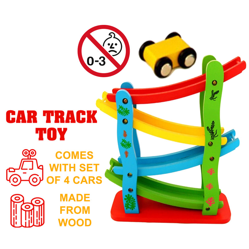 idrop 4-Level Wooden Ramp Racer Miniature Speeding Car Toy Set