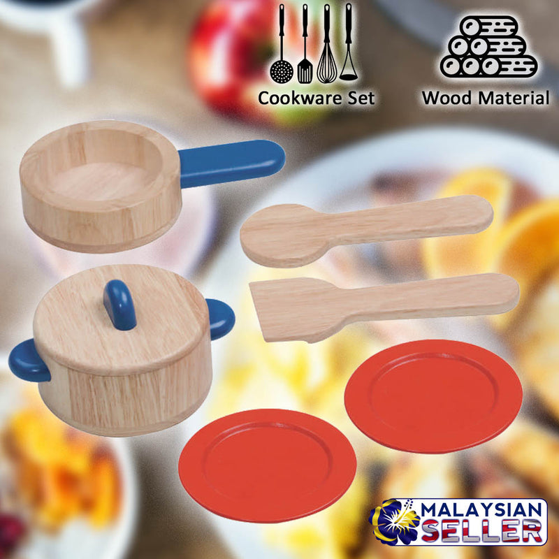 idrop Kid Children 6 Piece Wood Cookware Set with Pan Ladle Pot Turner Plates [BR-50054]