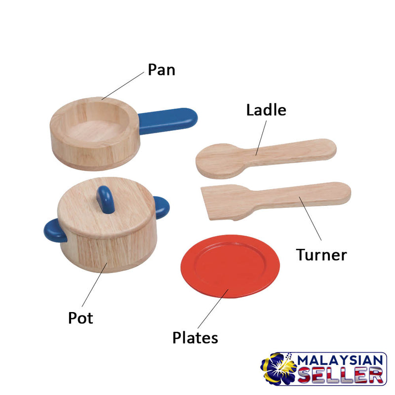 idrop Kid Children 6 Piece Wood Cookware Set with Pan Ladle Pot Turner Plates [BR-50054]