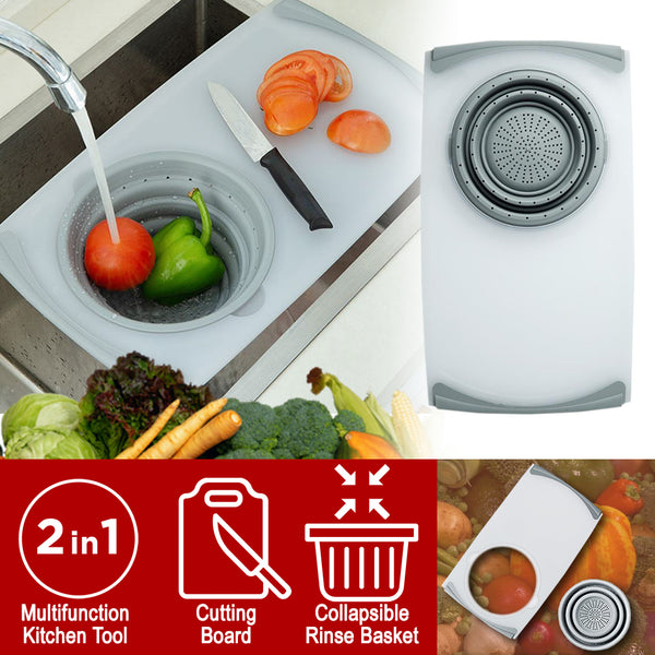 idrop Multifunction Kitchen Sink Cutting Board with Collapsible Washing Filter Basket