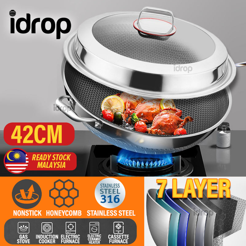 idrop [ 42CM ] Kitchen Cooking Wok Stainless Steel SUS316 Nonstick Honeycomb with Lid Cover / Periuk Kuali Memasak Keluli Tahan Lasak / 内外蜂窝)42CM双耳玻璃组合盖316炒锅