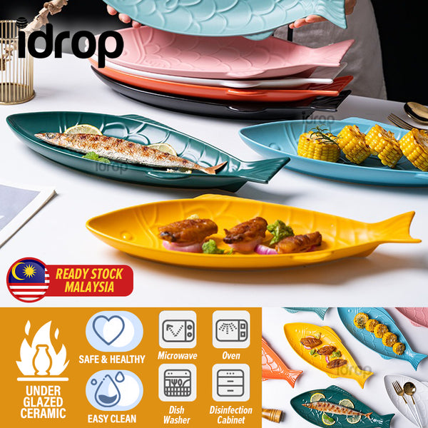 idrop Ceramic Fish Shape Design Food Plate / Pinggan Penghidang Makanan Bentuk Ikan / 陶瓷鱼形盘