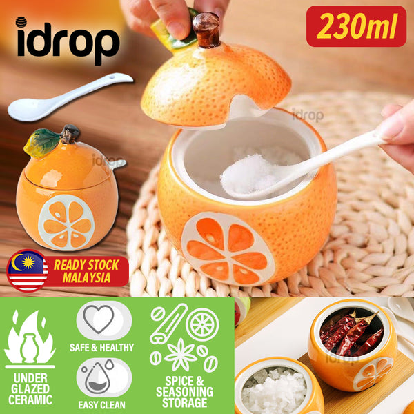 idrop [ 230ml ] Orange Shape Ceramic Spice & Seasoning Jar with Spoon / Bekas Seramik Simpanan Perencah dan Perasa bersama Sudu / 陶瓷罐 水果单件套陶瓷调味罐(橙子)