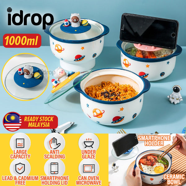 idrop [ 1000ml ] 15CM Ceramic Noodle Bowl with Glass Lid Cover / Mangkuk Mee Seramik 15CM dengan Penutup Kaca / 1000ML太空手机支架陶瓷 面碗(15CM)