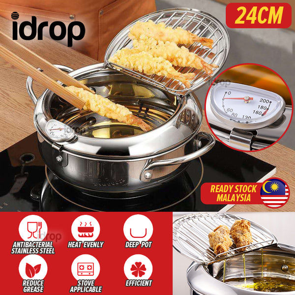 idrop [ 24CM ] Japanese Style Tempura Fryer Stainless Steel Frying Pot / Periuk Memasak Menggoreng Tempura / 24CM不锈钢复底油炸锅(201)