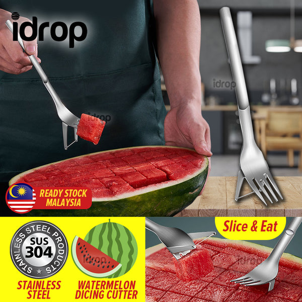 idrop [ 2 IN 1 ] Watermelon Dicing Cutter Fork Stainless Steel SUS304 / Garpu Pemotong Tembikai Keluli Tahan Karat / 304切瓜神器(西瓜果切叉)(幸福)