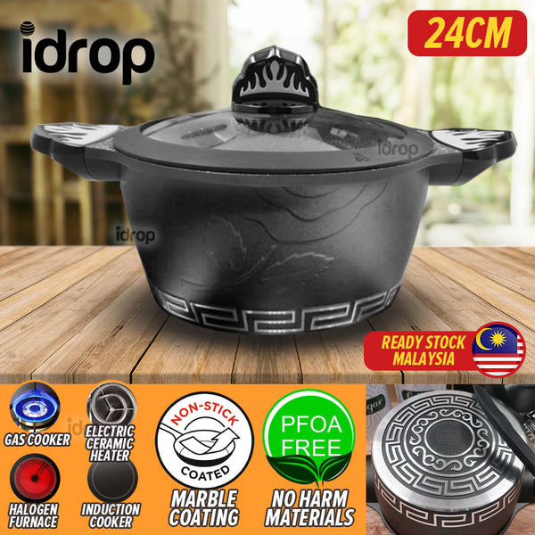 idrop [ 24CM ] Marble Stone Coated Casserole Soup Pot / Periuk Sup / 24CM汤锅(玻璃盖)