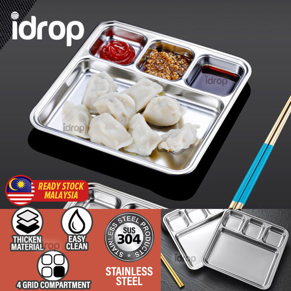 idrop [ 20cm x 21cm ] SUS304 Stainless Steel 4 Grid Compartment Korean Style Food Tray / Dulang Makanan Keluli Tahan karat / 20*21*2CM不锈钢四格韩式格盘(餐盘 )(304)