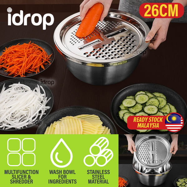 idrop [ 26CM ] 2PCS Stainless Steel Multifunction Bowl with Slicer Plate / Mangkuk Basuh Keluli Tahan Karat / 2PCS 不锈钢多功能碗带切片板