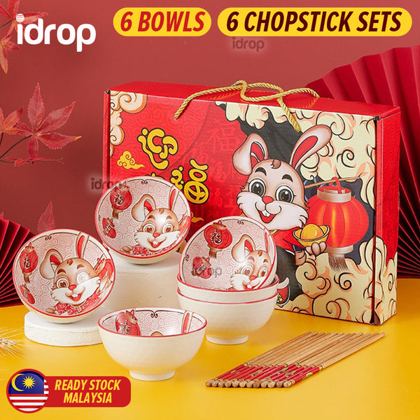 idrop [ 6PCS ] CNY Chinese New Year of Rabbit Ceramic Rice Bowl Set with Chopsticks [ Yingfu Rabbit ] / Set Mangkuk Seramik & Chopstick Tahun Baru Cina Tahun Arnab / 陶瓷套装(兔) 迎富兔6碗6筷陶瓷套装CNY