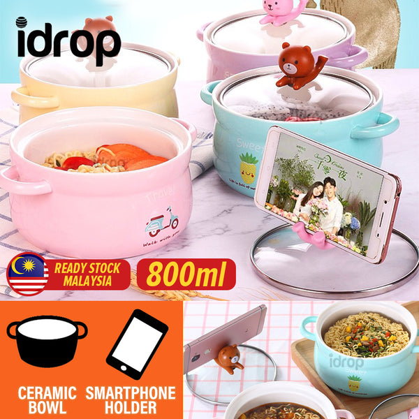 idrop [ 800ml ] 15CM Ceramic Noodle Bowl with Lid Cover Smartphone Holder / Mangkuk Mee Seramik 15CM dengan Penutup Kaca / 萌趣手机支架陶瓷面碗(15CM)