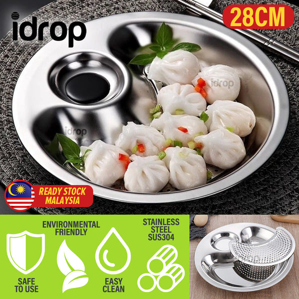 idrop [ 28CM ] SUS304 Stainless Steel Dumpling Tray Plate with Drainage Tray / Pinggan Makan Kuih Kukus + Alas Keluli Tahan Karat / SUS304不锈钢饺子盘盘带排水盘