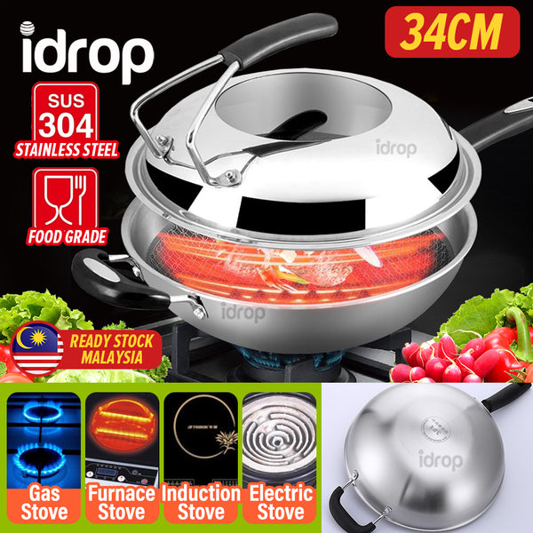 idrop [ 34CM ] SUS304 Stainless Steel Cooking Wok With Lid Cover / Kuali Memasak Bersama Penutup / 底印304不锈钢炒锅(组合可立盖)(SAMPINLAIS)鸿运驰新