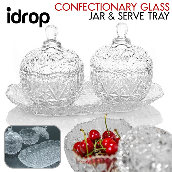 idrop 2pcs Home Confectionary Glass Jar and Glass Serve Tray