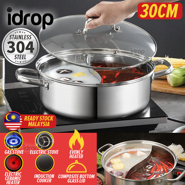 idrop [ 30CM ] 2 IN 1 SUS304 Stainless Steel Mandarin Duck Hot Pot / Periuk Masak Dua Dalam Satu / 30CM不锈钢鸳鸯火锅(304)(复底玻璃盖)(皮 纸盒鸳鸯点焊)