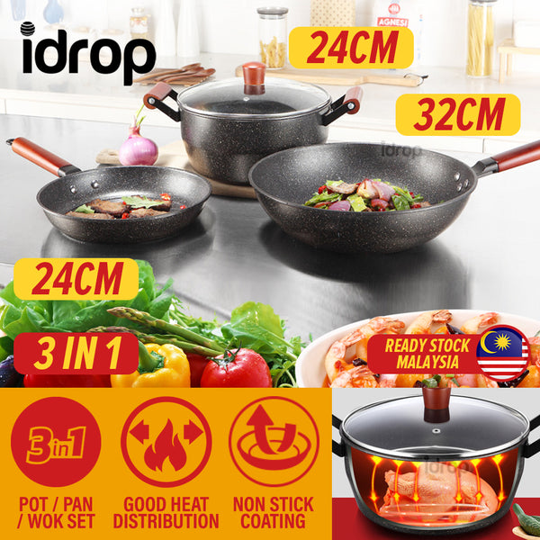 idrop 3 IN 1 [ 24 / 24 / 32cm ] Non-Stick Coated Kitchen Cookware Pot & Pan Cooking Set