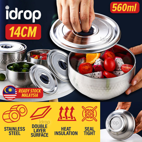 idrop [ 560ml ] 14CM Stainless Steel Heat Insulation Seal Lid Food Bowl / Mangkuk Makanan Penutup Penebat Panas Tahan Karat / 304全钢密封不锈钢钻石碗双层隔热碗带密封盖)