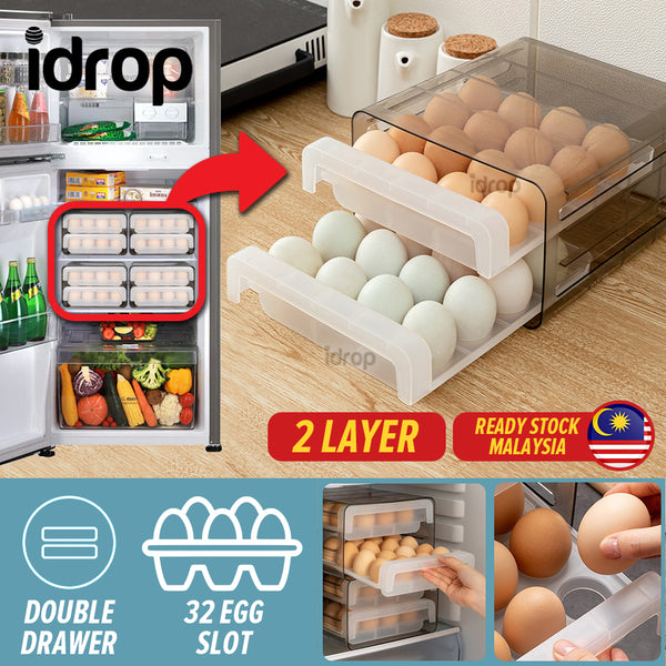 idrop DOUBLE LAYER 32 Eggs Kitchen Refrigerator Egg Drawer / Rak Penyimpanan Telur Dua Lapis / 厨房冰箱抽屉式双层鸡蛋盒(32粒蛋)