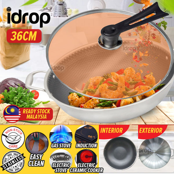 idrop [ 36CM ] Smokeless & Nonstick Honeycomb Kitchen Cooking Wok with Glass Lid / Kuali Memasak Tidak Lekat bersama Penutup Kaca / 玻璃盖无烟不粘蜂窝厨房炒锅