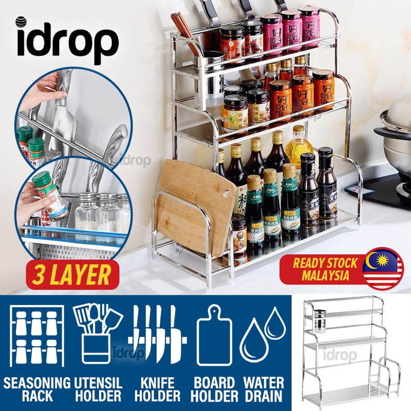 idrop [ 3 LAYER ] Multifunction Stainless Steel Kitchen Seasoning & Utensil Storage Shelf Rack Rak Penyimpanan Barang Dapur 三层架带筷筒砧板架