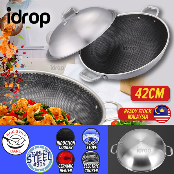 idrop [ 42CM ] Full Flower Nonstick Honey Comb Wok SUS304 Stainless Steel / Kuali Memasak Keluli Tidak Lekat / 不粘蜂窝炒锅 SUS304 不锈钢