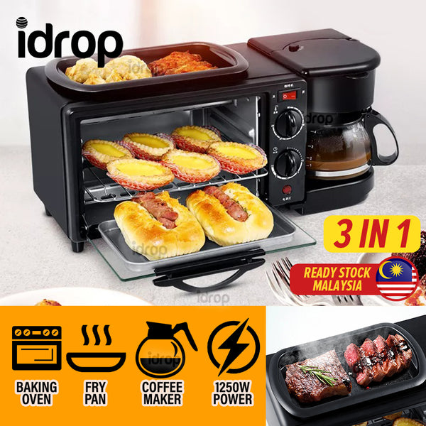 idrop [ 3 IN 1 ] Multifunction Electric Breakfast Maker Baking Oven Frying Tray Pan & Coffee Drip Kettle / Mesin Masak Sarapan Pelbagai Guna Ketuhar Periuk Pemanggang dan Pembancuh Kopi / 1250W早餐机3INI1