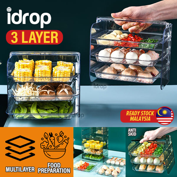 idrop [ 3 LAYER ] Multilayer Transparent Food Preparation Plate Rack / Rak Bertingkat Penyediaan Makanan / 多功能可叠加配菜盘