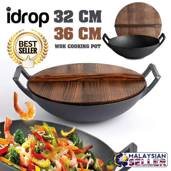 idrop 32CM / 36CM CAST IRON - Wok Cooking Pot with Wooden Lid