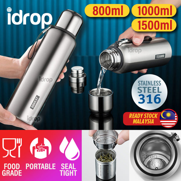 idrop [ 800ml / 1000ml / 1500ml ] Full Stainless Steel SUS316 Full Grade Vacuum Cup / Botol Minuman Keluli Tahan karat 316 Kedap Udara / 全钢316不锈钢保温杯食品级大号保温水壶男士泡茶杯刻字